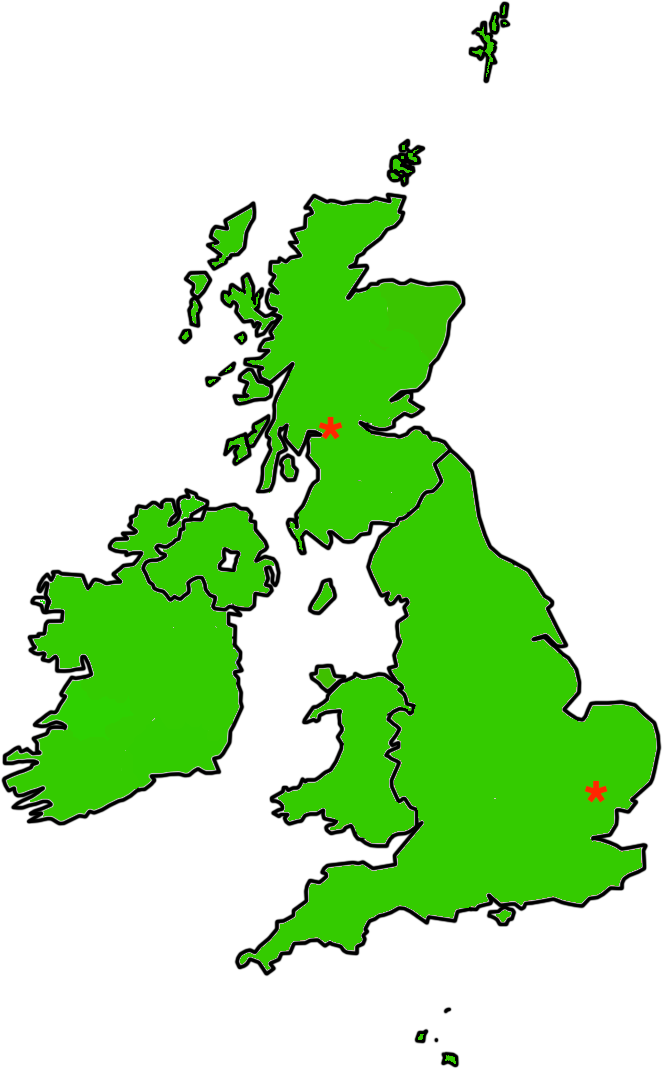 Map with places amrked by stats in west-central Scotland and the south of East Anglia
