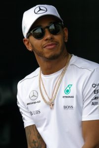 Lewis Hamilton wearing Mercedes branded clothing