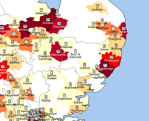 Map of East Anglia, with title "Boon: actual numbers" showing census registration districtsLondon, and many districts neighnouring teh N=rth Sea and the Wash are shaded deep red, mid-red or orange.