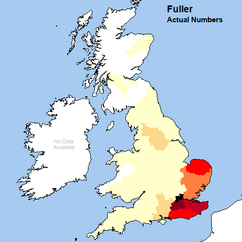 Map of Britain with title 'Fuller: actual numbers'. Middlesex is shaded black, Kent and Surrey are deep red, Sussex and Norfolk are mid-red and Essex, Suffolk and Cambridgeshire are deep oange.All other counties have lighter shading or no shading