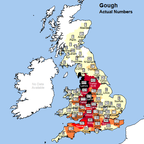 Map of Britain, with title "Gough: actual numbers". Staffordshire and Lancashire are shaded black. Manu other counties in western England are deep red or red and many counties in east Wales and south England are orange. Other counties have lighter or no shading.