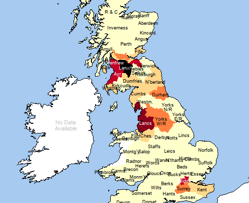 Map with title "Hamilton: actual numbers". In central Scotland, Lanarkshire is shaded black, and the neighbouring counties of Ayrshire, Renfrewshire abd Midlothian are shaded red. In England, Lancashire is shaded deep red and Middlesex is red. Some counties adjoining those previously mentioned are shaded orange. Other counties are yellow, pale yellow or, in west Wales, unshaded.