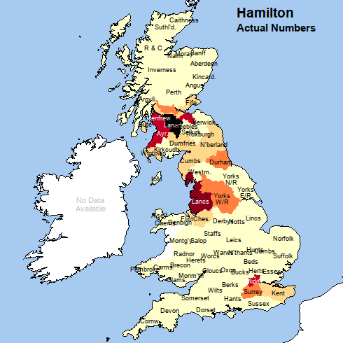 Map with title "Hamilton: actual numbers". In central Scotland, Lanarkshire is shaded black, and the neighbouring counties of Ayrshire, Renfrewshire abd Midlothian are shaded red. In England, Lancashire is shaded deep red and Middlesex is red. Some counties adjoining those previously mentioned are shaded orange. Other counties are yellow, pale yellow or, in west Wales, unshaded.