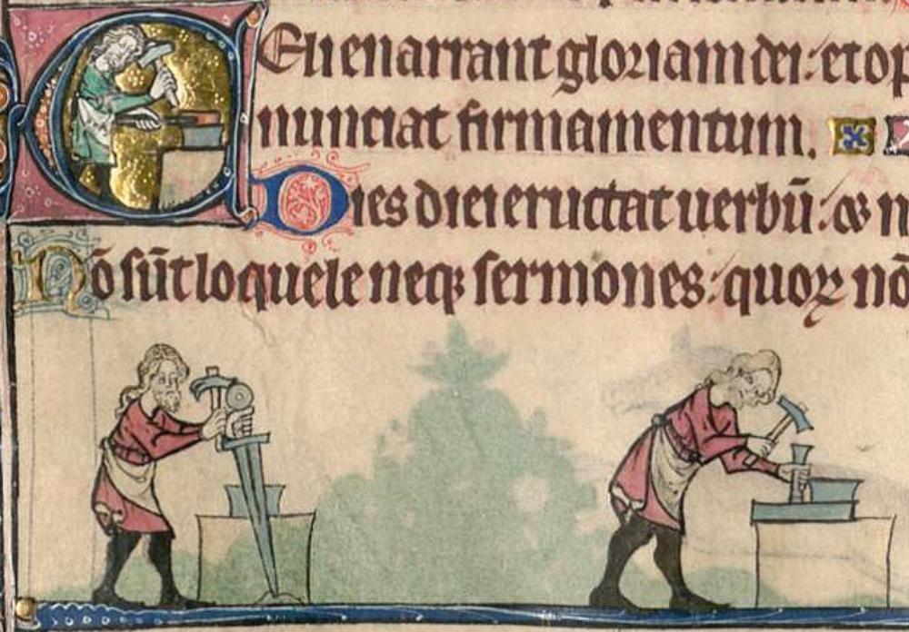 Manuscript illustration showing two men working at anvils. One is hammering a sword and the other is hammering something else.