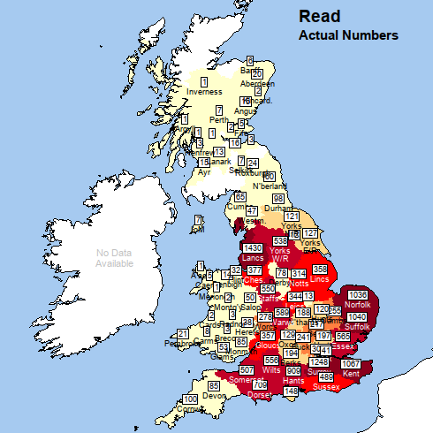 Map of Britain, with title "Read: actual numbers". Most counties in England, are shaded deep red, red or orange. Most counties in Wales and Scotland are pale yellow, but some Scottish counties are unshaded.