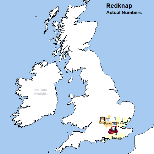 Map of Britain, with title "Redknap: actual numbers". Surrey is deep red and Oxfrodshire and Buckinghamshire are light orange. Essex and Sussex are pale yellow. Other counties have no shading.