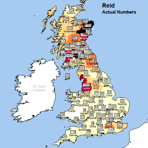 Map of Britain, with title "Reid: actual numbers". Aberdeenshire and Lanarkshire are shaded black and many other Scottish counties are red or orange. A few English counties are orange (Northumberland, Surrey) or deep red (Lancashire).Most counties in England and Wales are pale yellow, but some Welsh counties are unshaded.