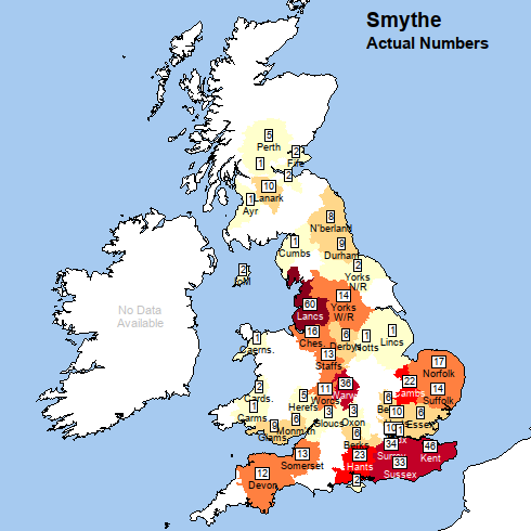 Map of Britain with title 'Smythe: actual numbers'. The map shows Lancashire shaded deep red and labelled 60 and several other counties shaded mid red (Cambridgeshire, Essex, Hampshire, Kent, Sussex, Surrey, Warwickshire). Several further counties are shaded orange or pale yellow.