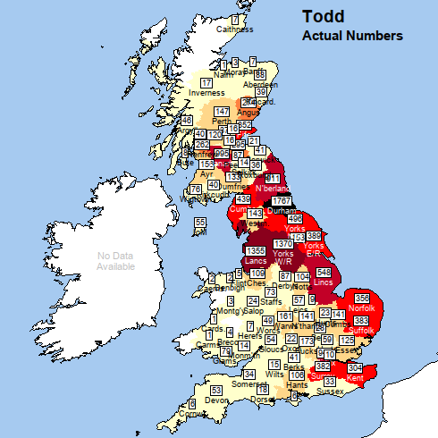 Map of Britain, with title "Todd: actual numbers". Most counties in England, Scotland and Wales have some shading. Durham ius shaded black and Northumberland, Lancashire, Lincolnshire and the West Riding of Yorkshire ate deep red. Many other counties in northern and eastern Enland and cnetral Scotland are shaded red.Other counties have lighter shading.