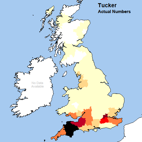 Map of Britain with title 'Tucker: actual numbers'. Devon is shaded black, Somerset, Middlesex and Surrey are mid red and some other counties are shaded deep orange (Cornwall, Glamorgan, Gloucestershire, Kent, Wiltshire). Other coutnies have lighter shading or no shading.