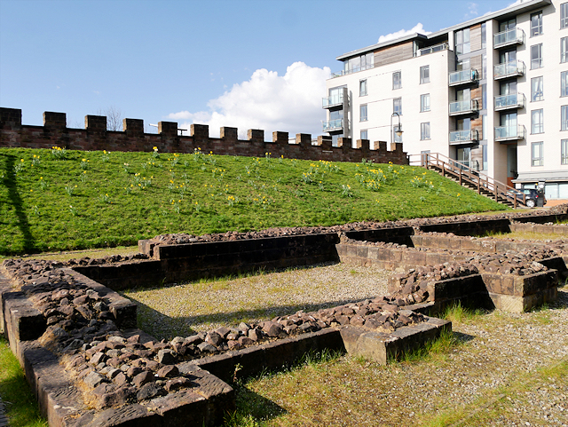 Roman fort Mamucium in Manchester, with reconstructed wall and excavated remains.