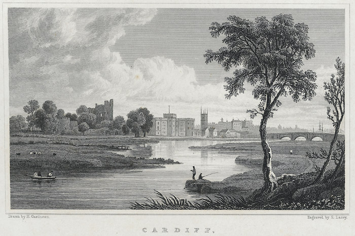 A view of a river with Cardiff castle in the background and a bridge on one side. Two figures are fishing in the foreground whilst three others are rowing a small boat